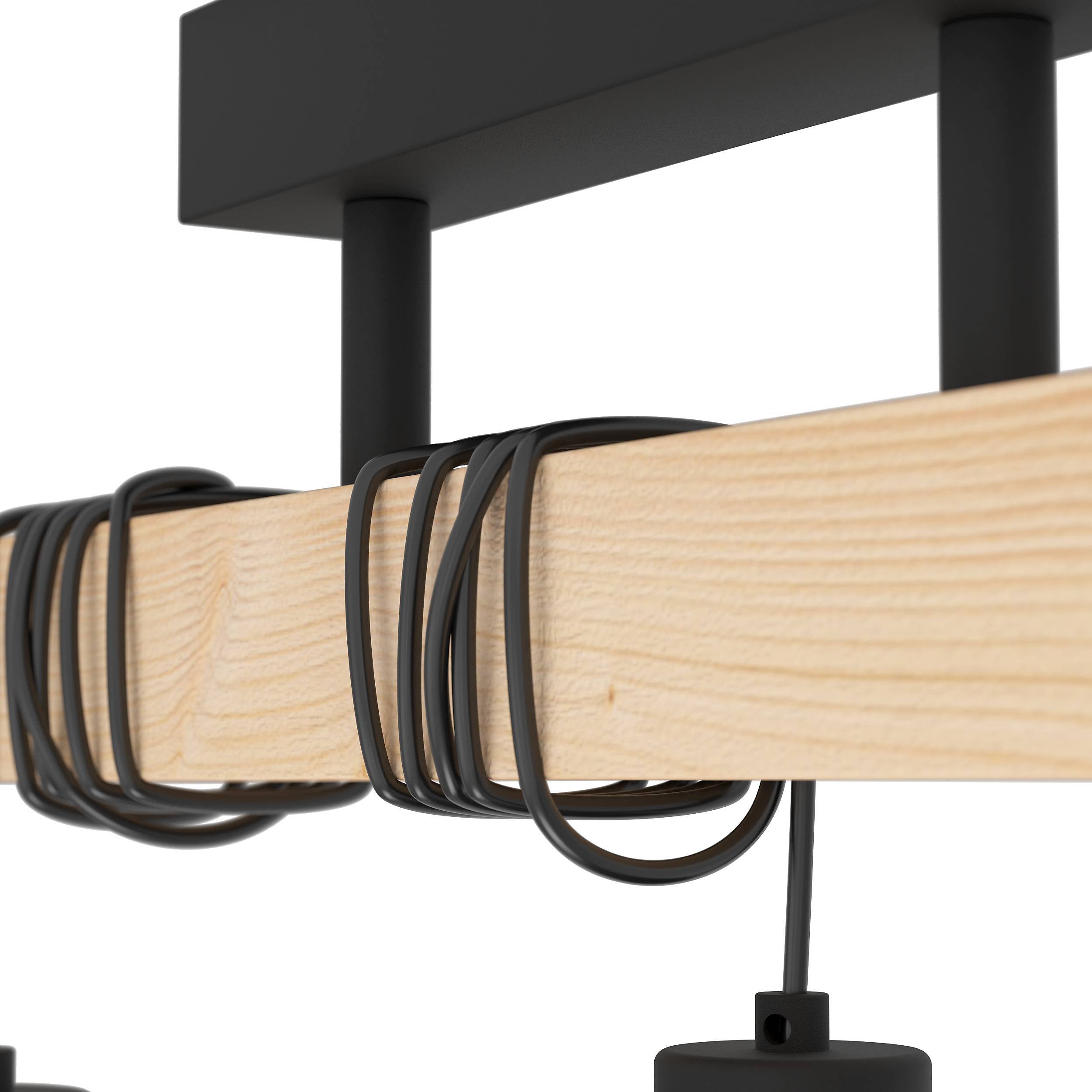 EGLO Townshend 5 Black/Natural Wood 3-Light Ceiling Pendant, Semi-Flush Industrial Style (L) 55cm-2734
