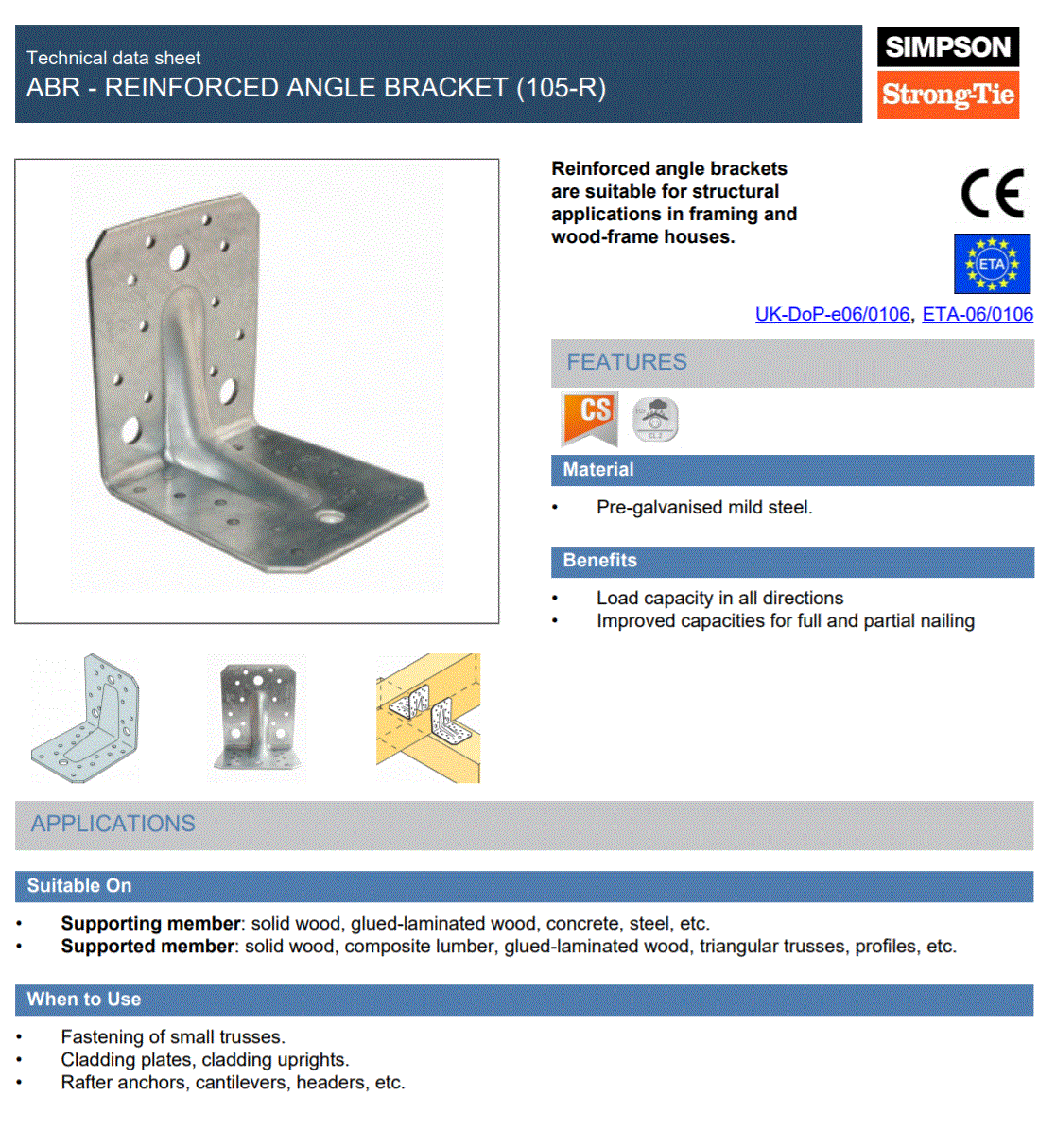 Simpson Strong-Tie ABR105 105mm x 105mm x 90mm Reinforced Angle Bracket Pre-Galv