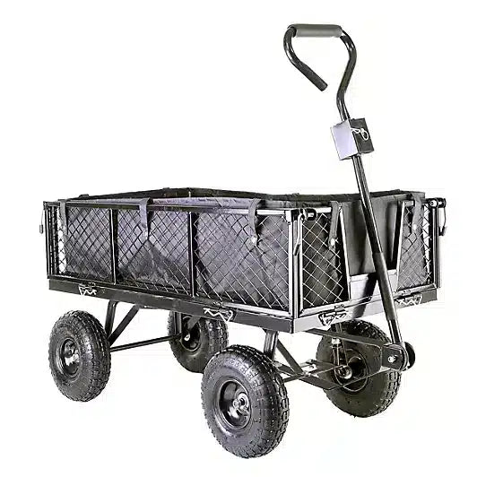 Garden TRAILER Cart Pull Along Trolley 350kg Heavy Duty Black Mesh Utility Gardeners Wagon with Removable Liner & Folding Sides 3992
