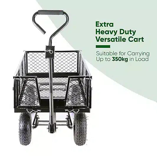 Garden TRAILER Cart Pull Along Trolley 350kg Heavy Duty Black Mesh Utility Gardeners Wagon with Removable Liner & Folding Sides 3992