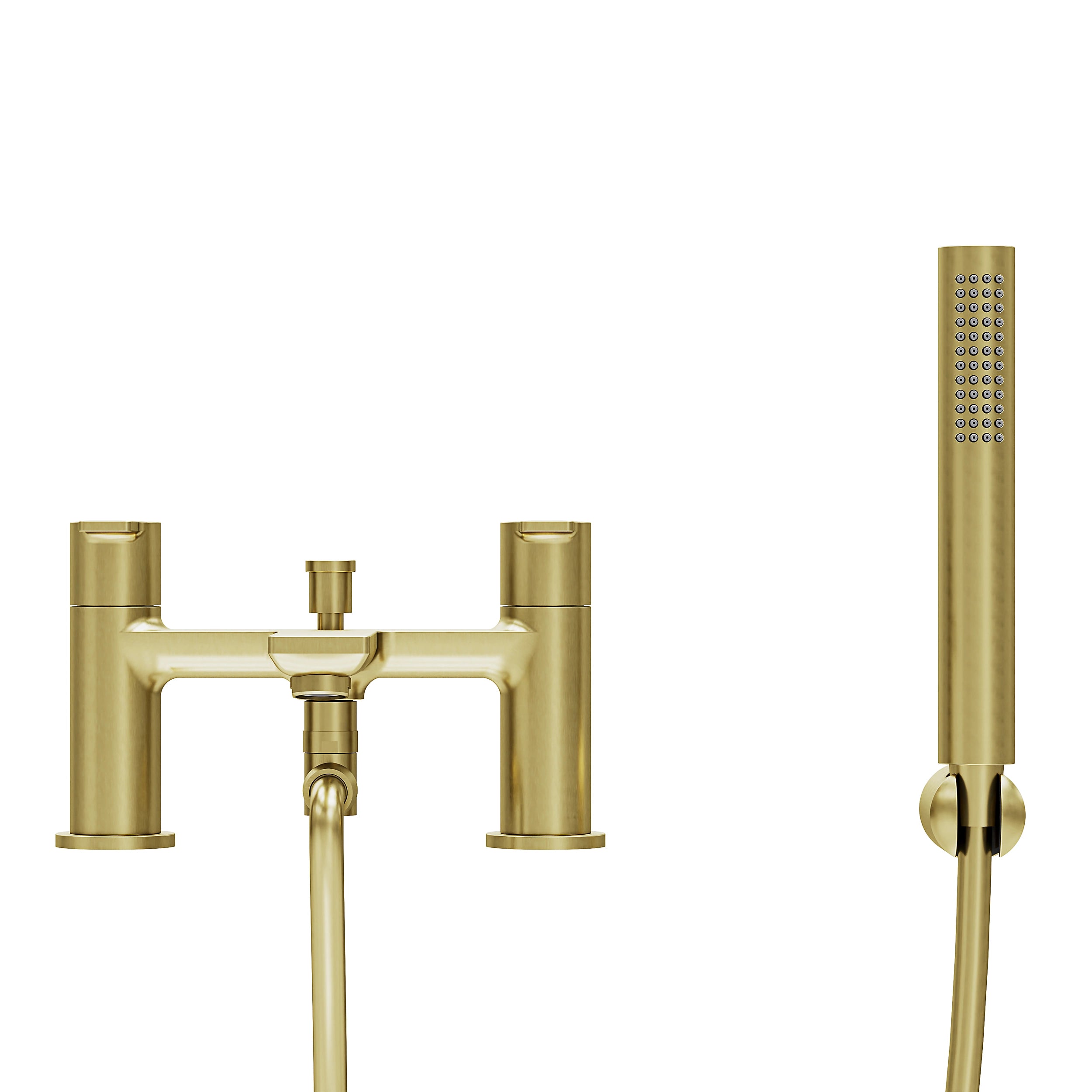 GoodHome Akita Satin Brass effect Ceramic Deck-mounted Double Bath shower mixer tap with shower kit 0357