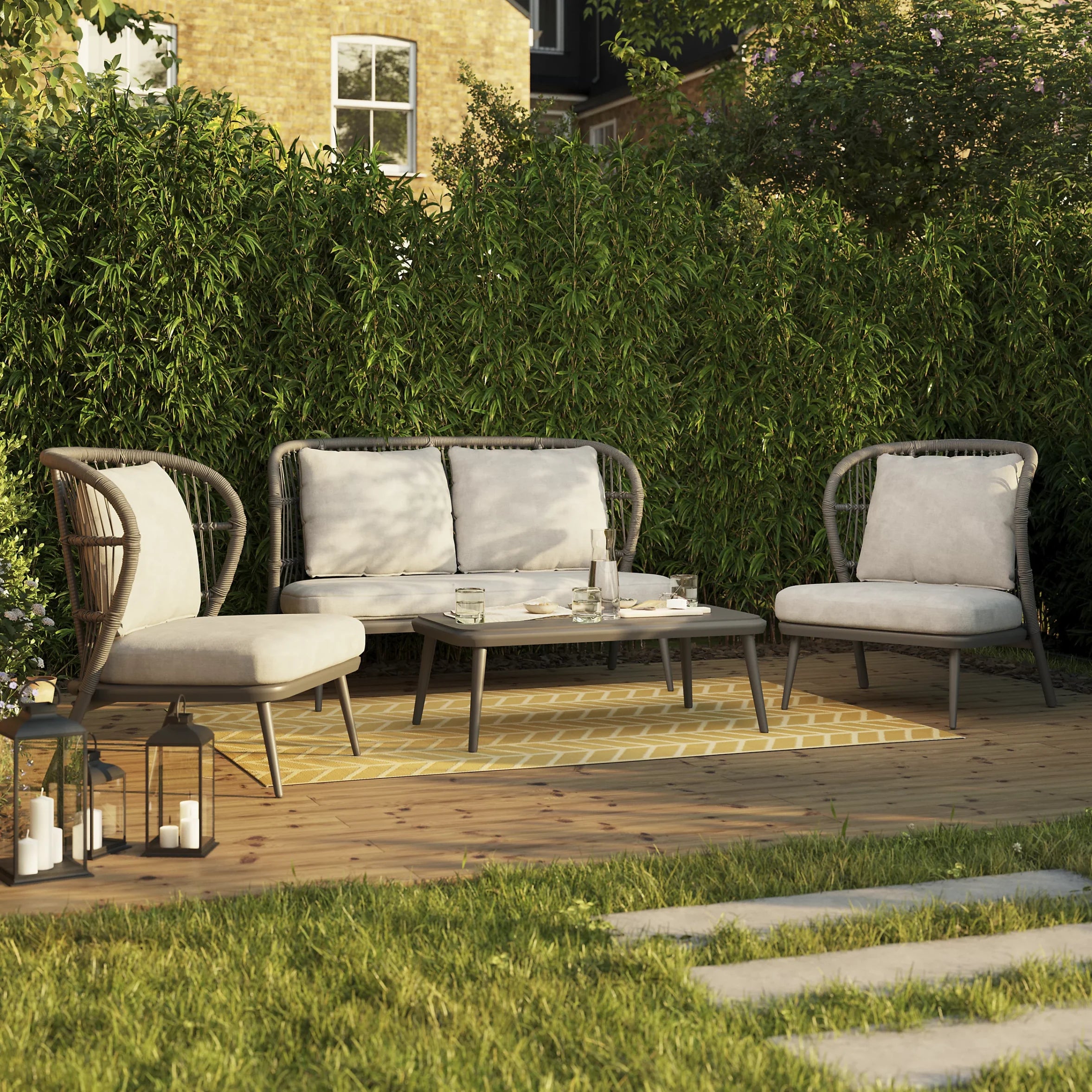GoodHome Apolima Grey Aluminium 4 Seater Coffee set, Garden furniture set - Rattan Garden Furniture 8975