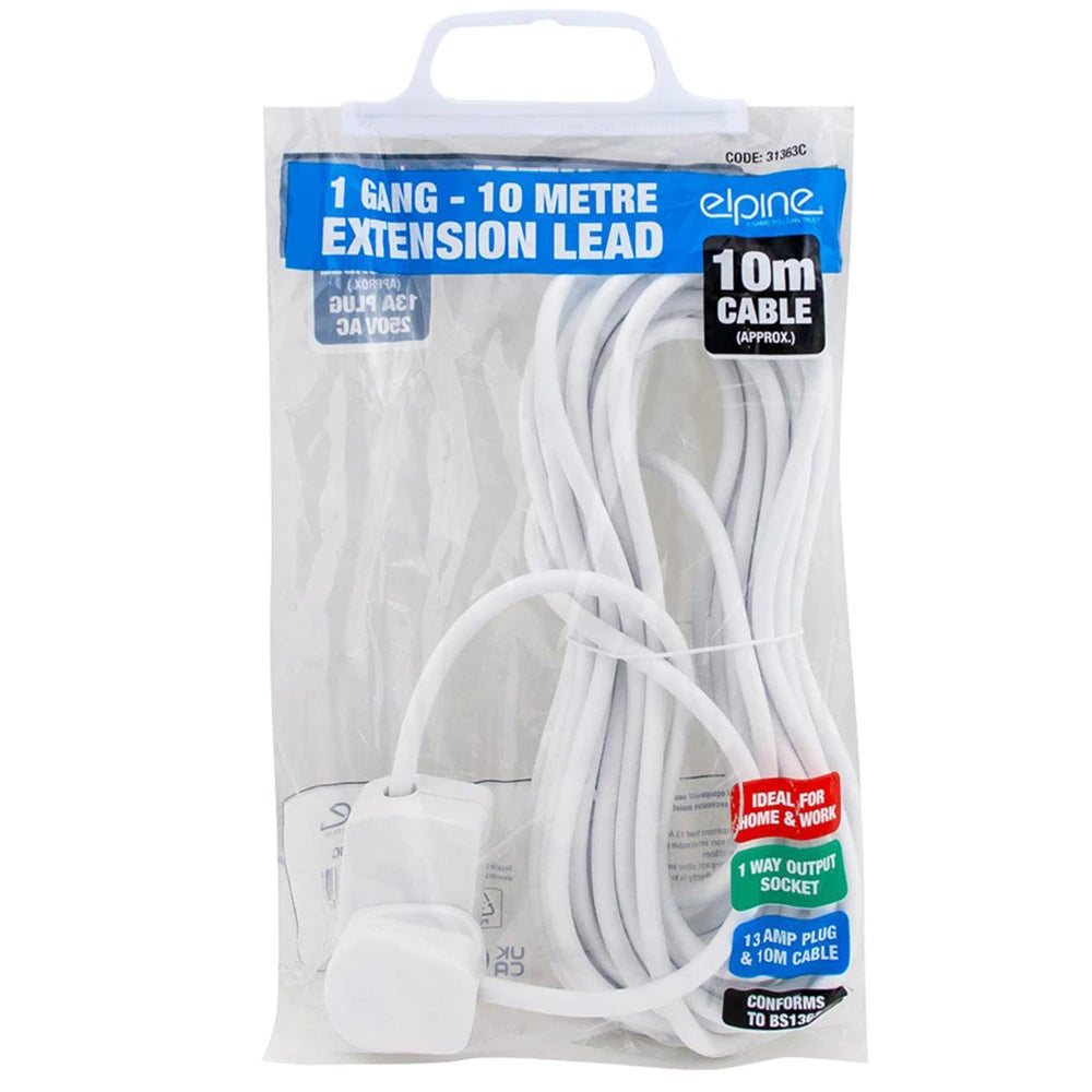Elpine 1 Gang 10M Extension Lead Cable 13A Mains Power Socket BS1363-3634