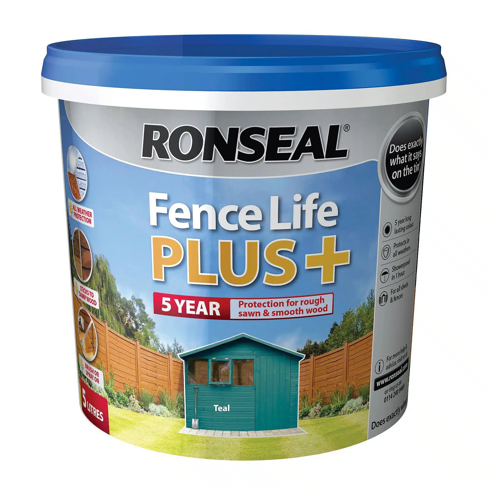 Ronseal Fence Life Plus Teal Matt Exterior Wood paint, 5L-6485