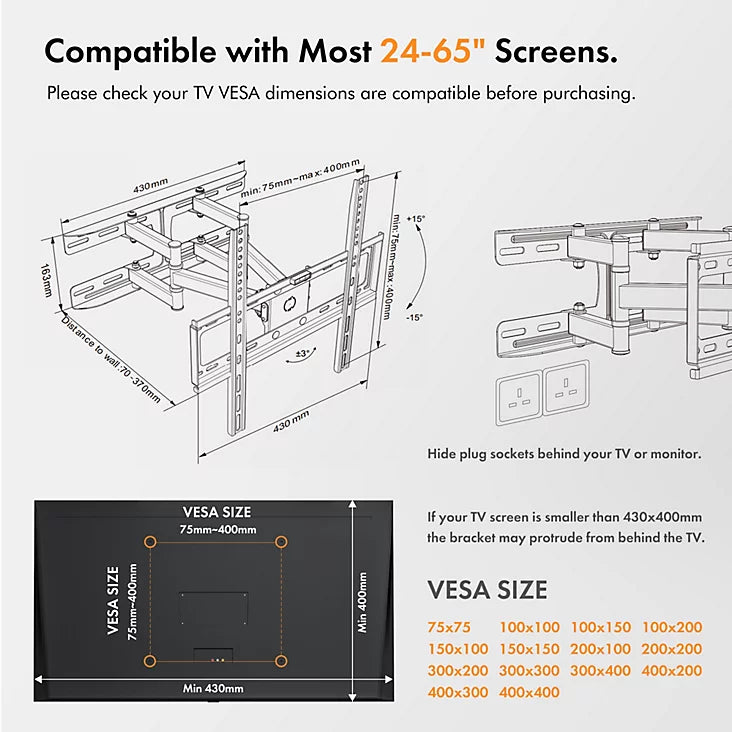 VonHaus Tilt & Swivel TV Bracket for 24-65" Screens, TV Wall Mount w/Spirit Level, 45kg Capacity, Max VESA: 400x400mm-3680