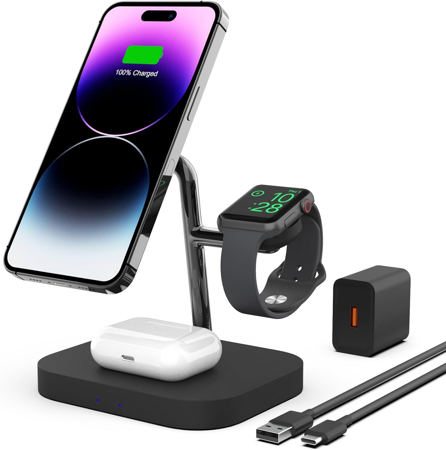 Magnetic Wireless Charger, Boaraino 3 in 1 Wireless Charging Station Compatible with iPhone 15/14/13/12 Series, Apple Watch 9/8/7/6/SE/5/4/3, AirPods 2/Pro (18W Adapter Included)-3038